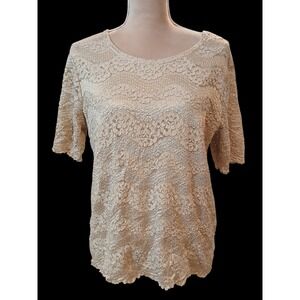 Notations Woman Gold  Lace Blouse Short Sleeve Scoop Neck Size 1X Modest